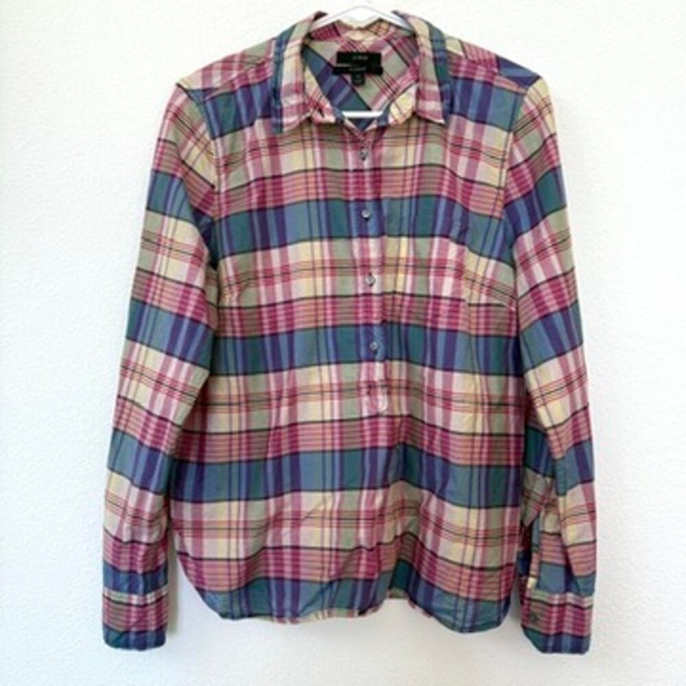 J.CREW Classic Plaid Shirt Blue Pink Green Silk Blend M Preppy Cottagecore